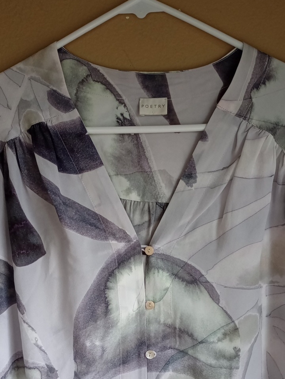 Poetry Water Color Avant Garde Tunic Artistic Button Up Silk Blouse Size 14 - Picture 2 of 11